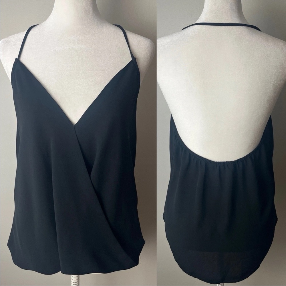 Pookie & Sebastion Halter Top Size Medium Black Faux Wrap Front Blouse Shirt